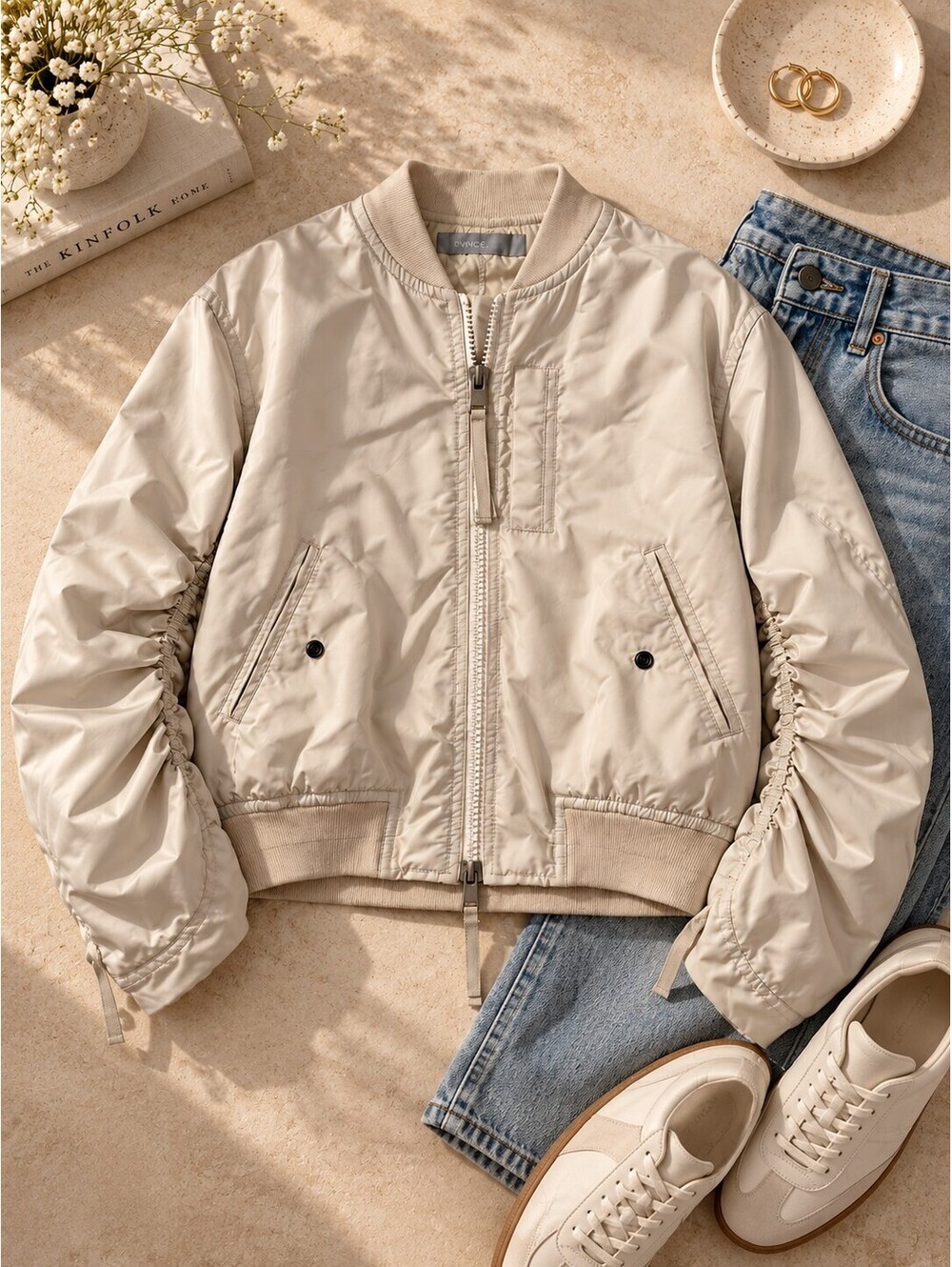 Vince Parachute Bomber Jacket Ruched Sleeve Beige Full Zip Size Large - GUC